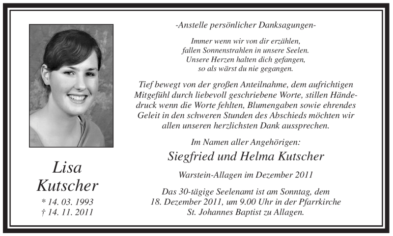  Traueranzeige für Lisa Kutscher vom 10.12.2011 aus WESTFÄLISCHER ANZEIGER