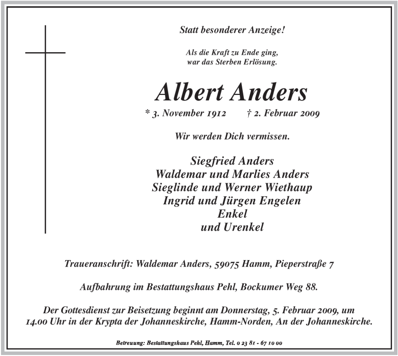  Traueranzeige für Albert Anders vom 04.02.2009 aus WESTFÄLISCHER ANZEIGER