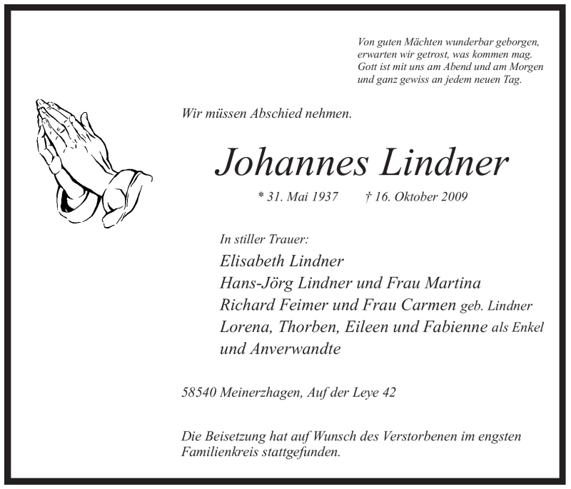  Traueranzeige für Johannes Lindner vom 31.10.2009 aus WESTFÄLISCHER ANZEIGER