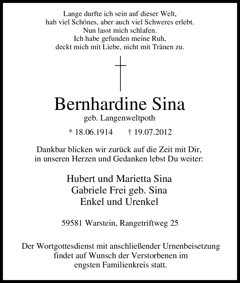  Traueranzeige für Bernhardine Sina vom 21.07.2012 aus WESTFÄLISCHER ANZEIGER