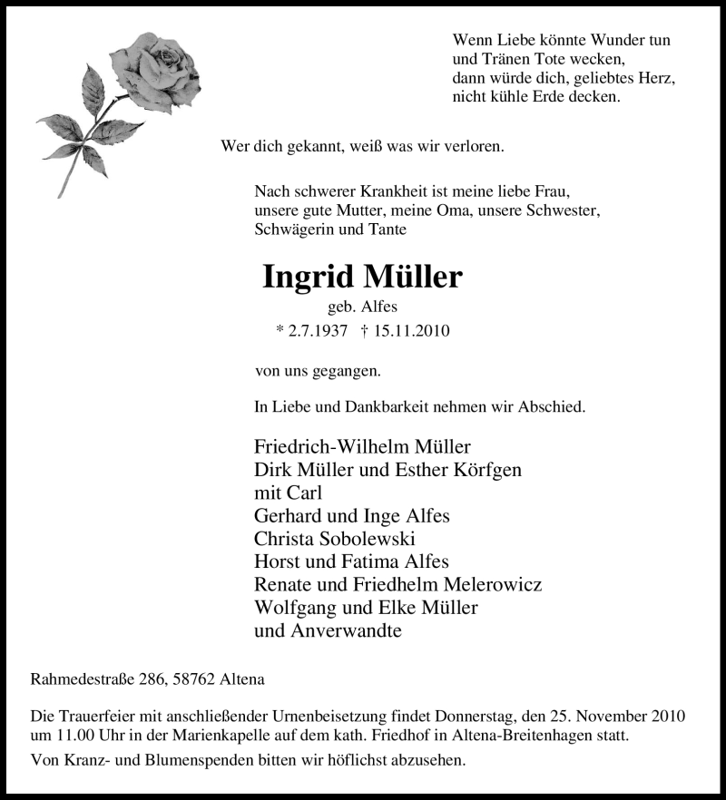  Traueranzeige für Ingrid Müller vom 17.11.2010 aus WESTFÄLISCHER ANZEIGER