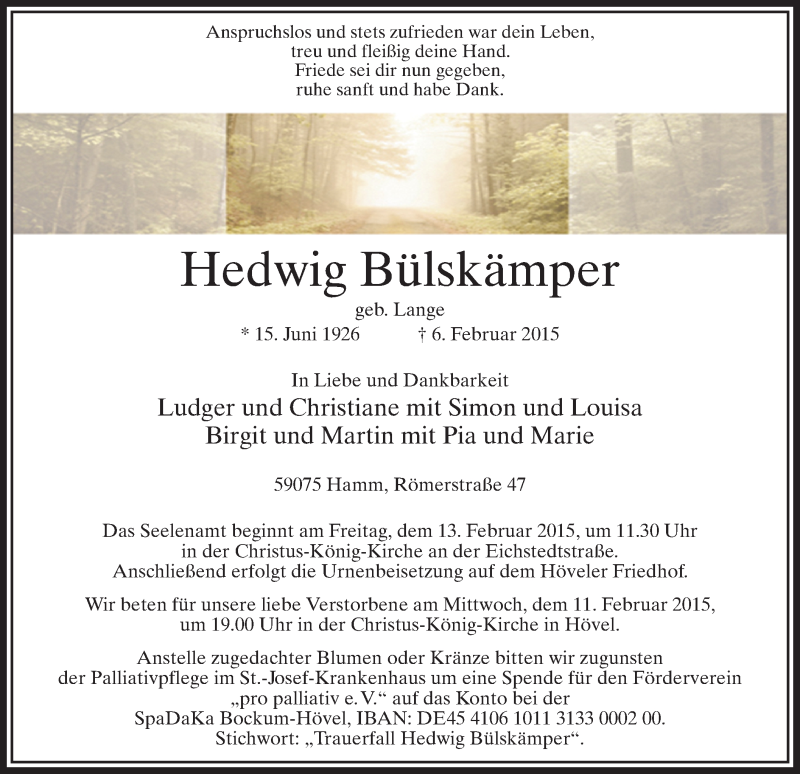  Traueranzeige für Hedwig Bülskämper vom 09.02.2015 aus MZV