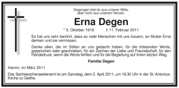 Traueranzeige von Erna Degen von WESTFÄLISCHER ANZEIGER