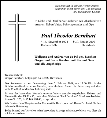 Traueranzeige von Paul Theodor Bernhart von WESTFÄLISCHER ANZEIGER