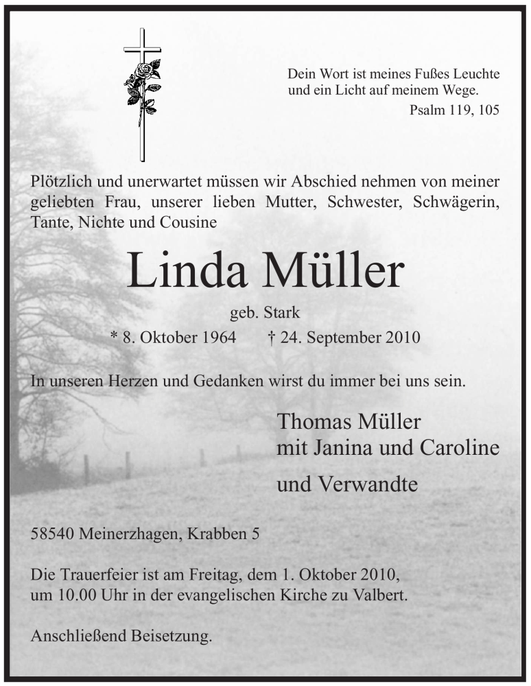  Traueranzeige für Linda Müller vom 29.09.2010 aus WESTFÄLISCHER ANZEIGER