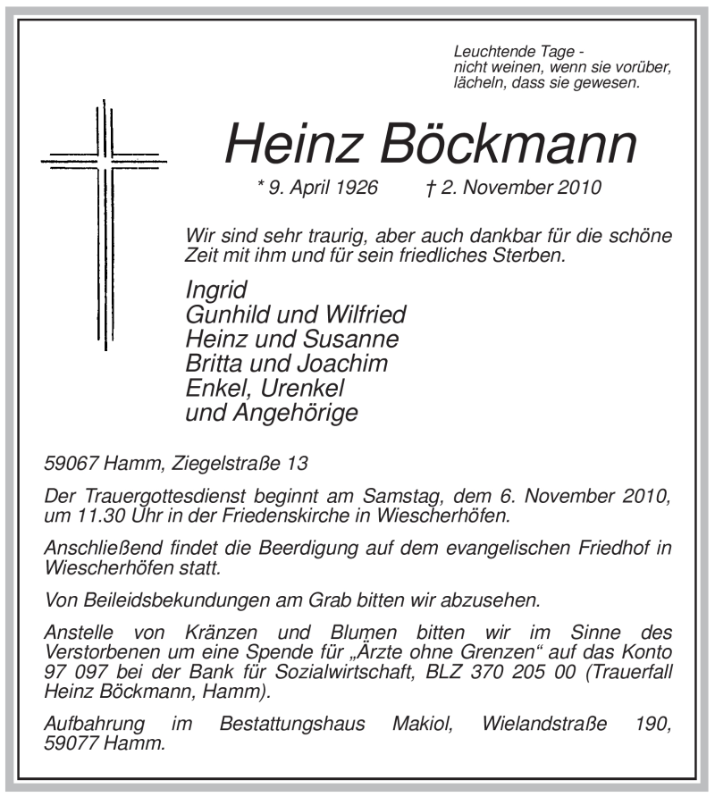  Traueranzeige für Heinz Böckmann vom 04.11.2010 aus WESTFÄLISCHER ANZEIGER