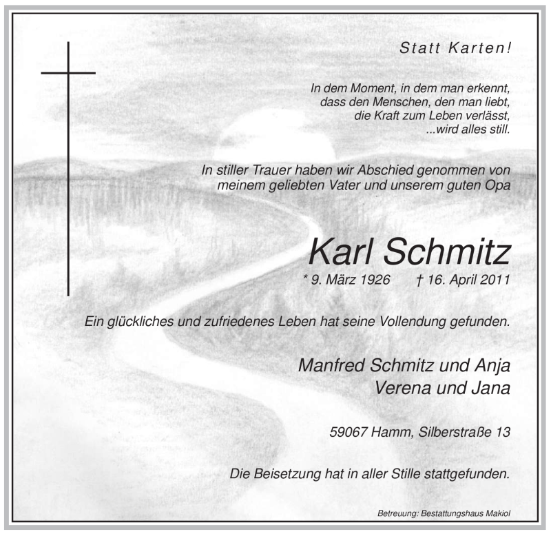  Traueranzeige für Karl Schmitz vom 23.04.2011 aus WESTFÄLISCHER ANZEIGER