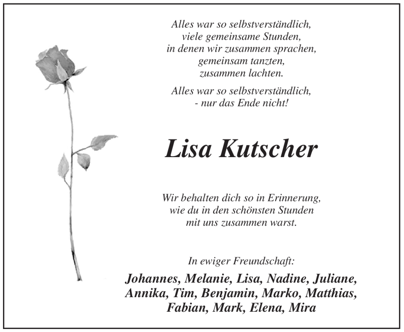  Traueranzeige für Lisa Kutscher vom 18.11.2011 aus WESTFÄLISCHER ANZEIGER