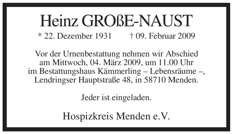  Traueranzeige für Heinz Große-Naust vom 28.02.2009 aus WESTFÄLISCHER ANZEIGER