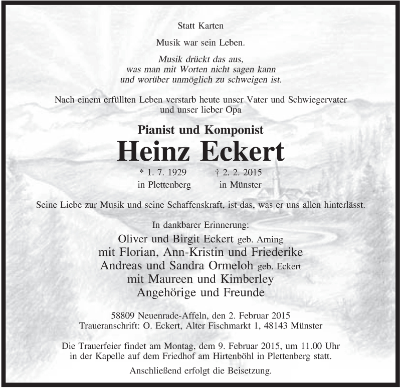  Traueranzeige für Heinz Eckert vom 07.02.2015 aus MZV