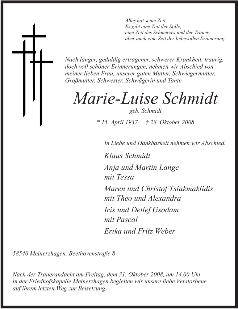  Traueranzeige für Marie-Luise Schmidt vom 30.10.2008 aus WESTFÄLISCHER ANZEIGER