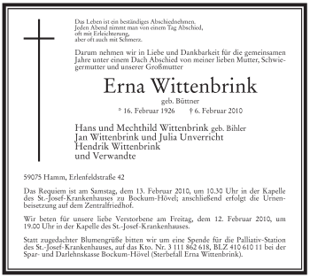 Traueranzeige von Erna Wittenbrink von WESTFÄLISCHER ANZEIGER
