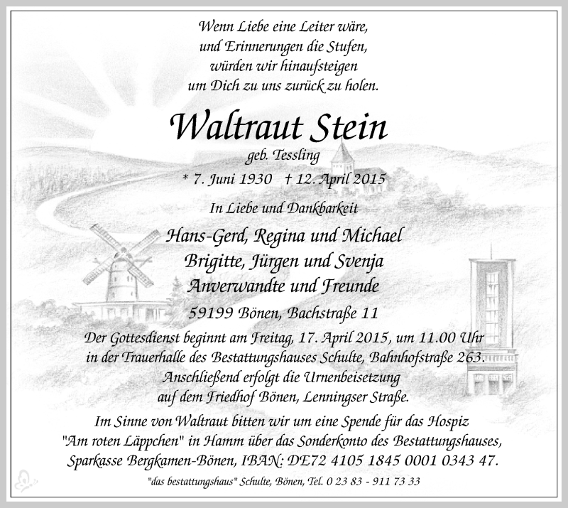  Traueranzeige für Waltraut Stein vom 15.04.2015 aus MZV