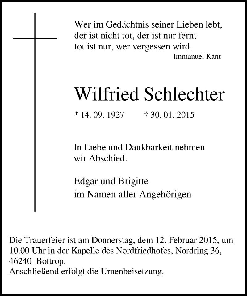  Traueranzeige für Wilfried Schlechter vom 04.02.2015 aus MZV
