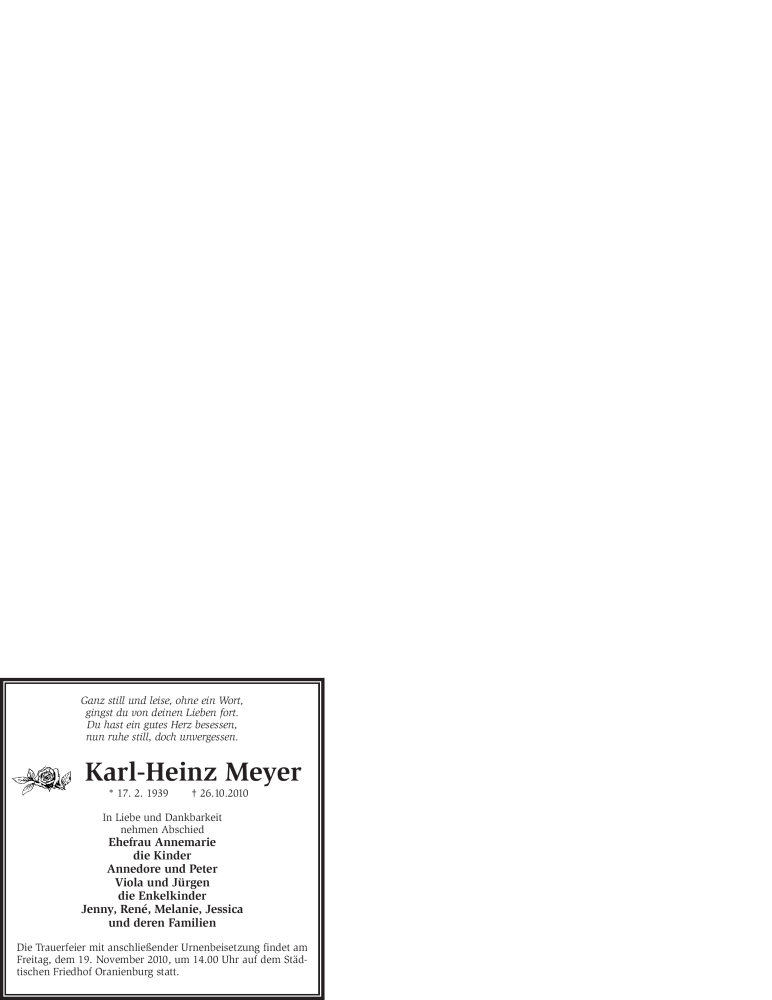  Traueranzeige für Karl-Heinz Meyer vom 13.11.2010 aus WESTFÄLISCHER ANZEIGER
