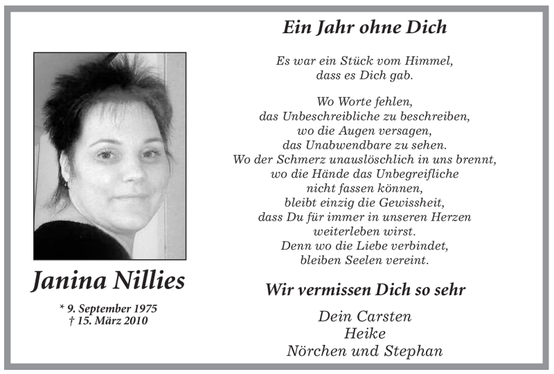  Traueranzeige für Janina Nillies vom 15.03.2011 aus WESTFÄLISCHER ANZEIGER