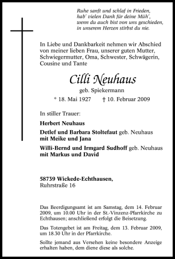Traueranzeige von Cilli Neuhaus von WESTFÄLISCHER ANZEIGER