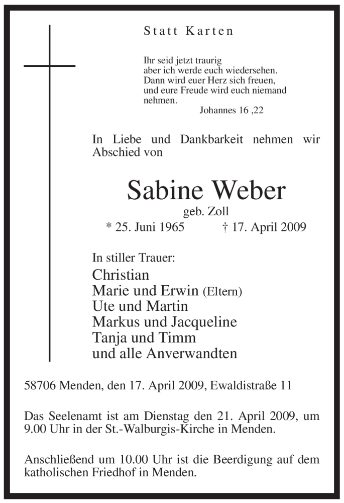  Traueranzeige für Sabine Weber vom 18.04.2009 aus WESTFÄLISCHER ANZEIGER