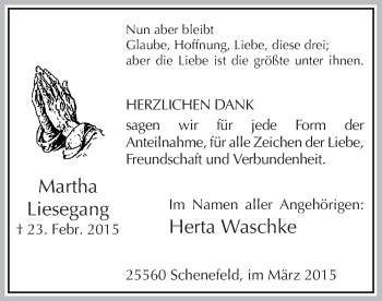 Traueranzeige von Martha Liesegang von MZV