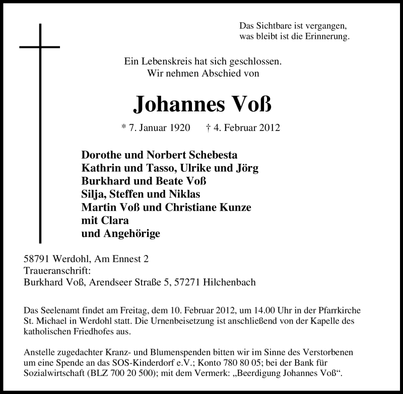  Traueranzeige für Johannes Voß vom 08.02.2012 aus WESTFÄLISCHER ANZEIGER