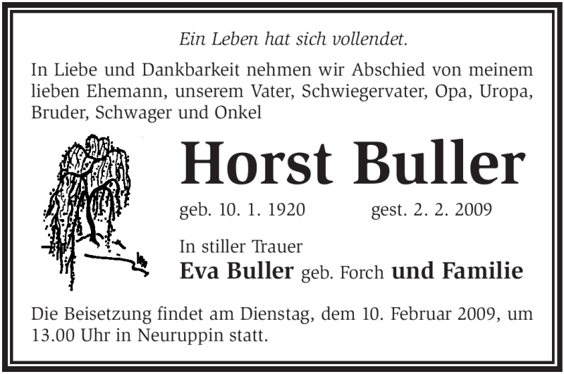  Traueranzeige für Horst Buller vom 04.02.2009 aus WESTFÄLISCHER ANZEIGER