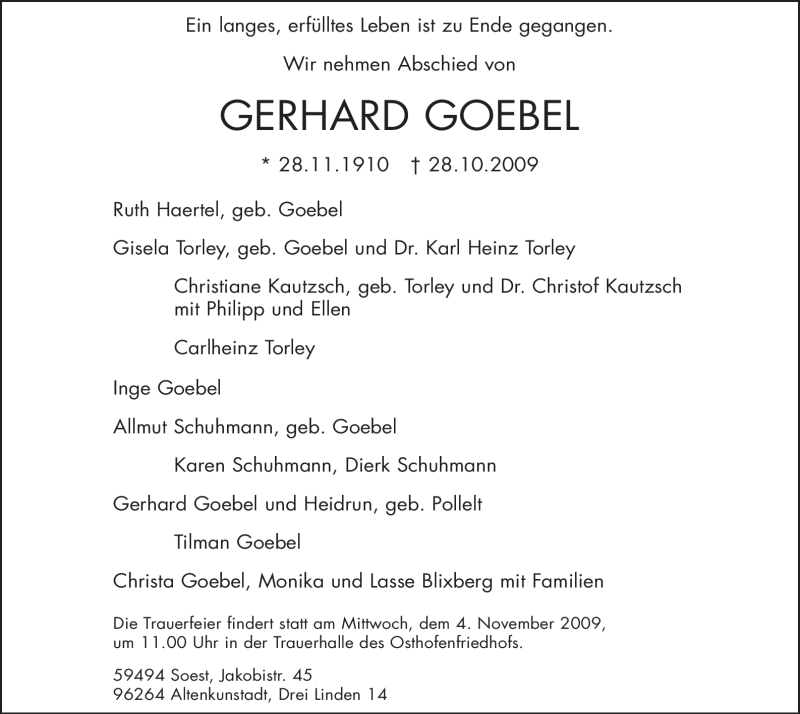  Traueranzeige für Gerhard Goebel vom 31.10.2009 aus WESTFÄLISCHER ANZEIGER