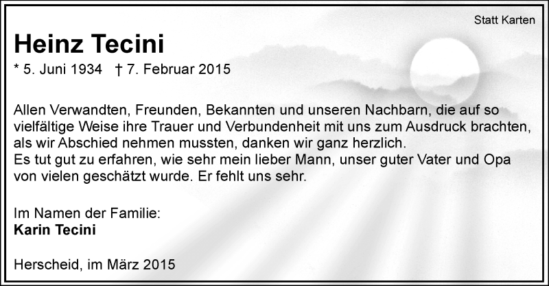  Traueranzeige für Heinz Tecini vom 04.03.2015 aus MZV
