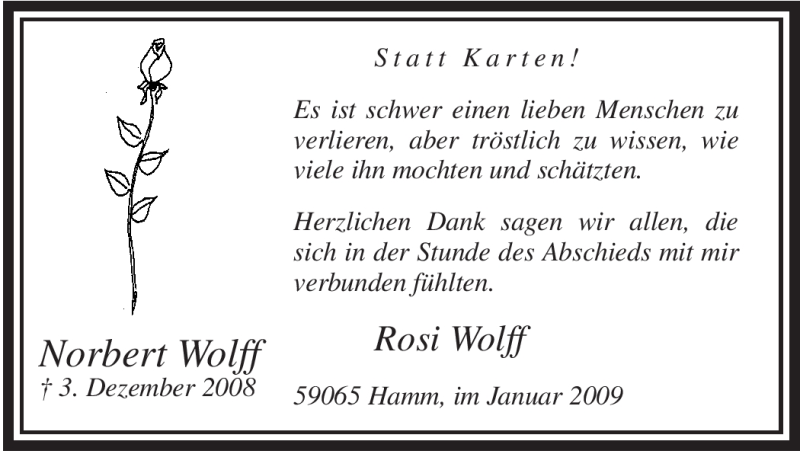  Traueranzeige für Norbert Wolff vom 10.01.2009 aus WESTFÄLISCHER ANZEIGER