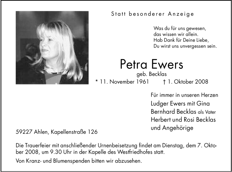  Traueranzeige für Petra Ewers vom 04.10.2008 aus WESTFÄLISCHER ANZEIGER