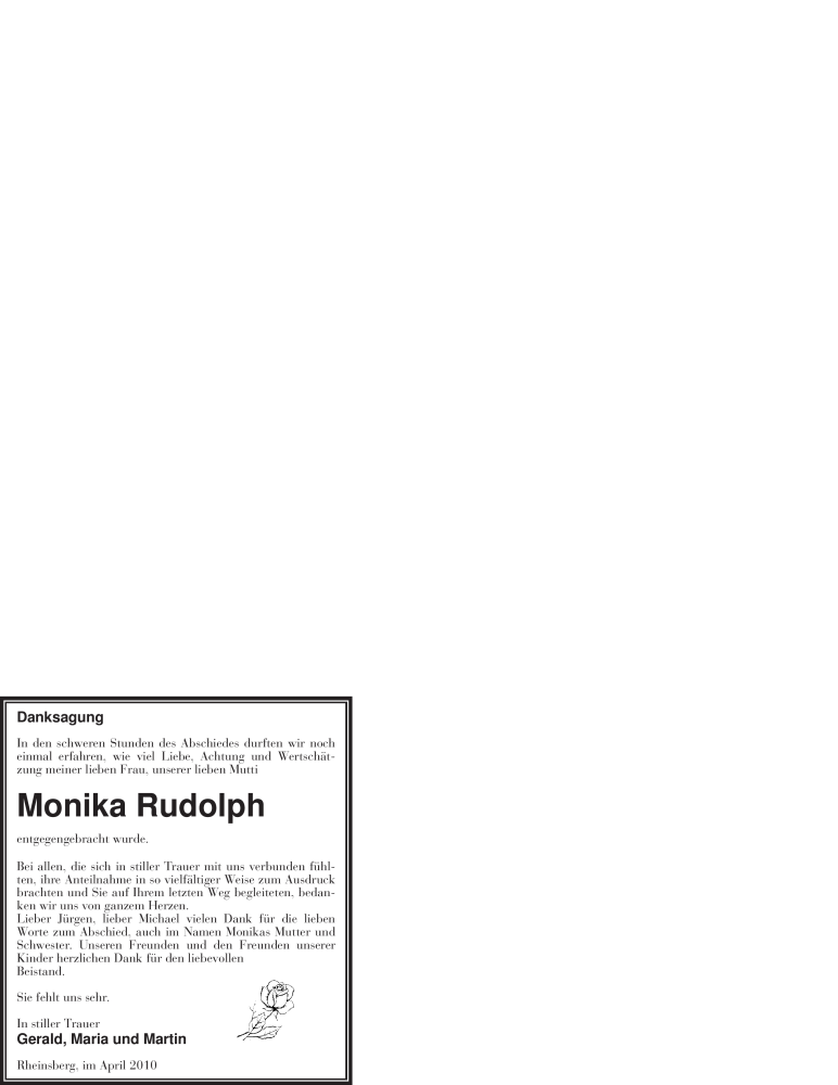  Traueranzeige für Monika Rudolph vom 21.04.2010 aus WESTFÄLISCHER ANZEIGER