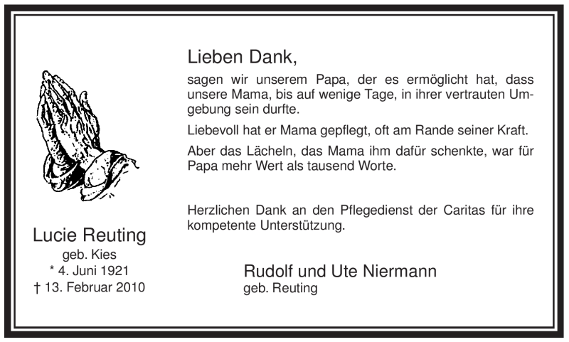  Traueranzeige für Lucie Reuting vom 13.03.2010 aus WESTFÄLISCHER ANZEIGER