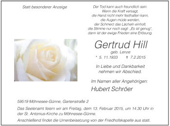Traueranzeige von Gertrud Hill von MZV