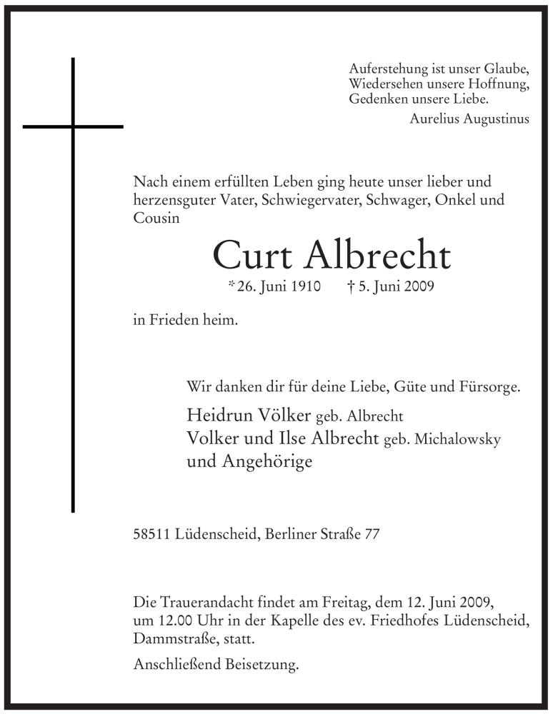  Traueranzeige für Curt Albrecht vom 09.06.2009 aus WESTFÄLISCHER ANZEIGER