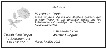 Traueranzeige von Theresia Bungies von WESTFÄLISCHER ANZEIGER