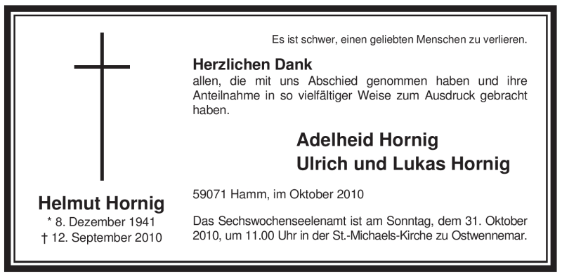  Traueranzeige für Helmut Hornig vom 16.10.2010 aus WESTFÄLISCHER ANZEIGER