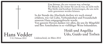 Traueranzeige von Hans Vedder von WESTFÄLISCHER ANZEIGER