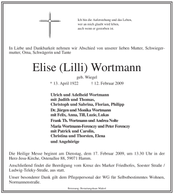 Traueranzeige von Elise Wortmann von WESTFÄLISCHER ANZEIGER