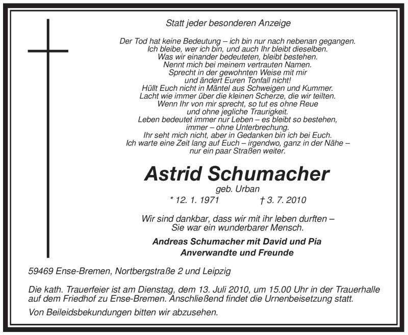  Traueranzeige für Astrid Schumacher vom 07.07.2010 aus WESTFÄLISCHER ANZEIGER