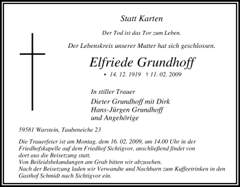 Traueranzeige von Elfriede Grundhoff von WESTFÄLISCHER ANZEIGER