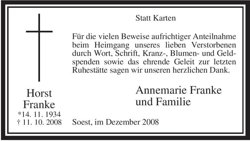  Traueranzeige für Horst Franke vom 04.12.2008 aus WESTFÄLISCHER ANZEIGER