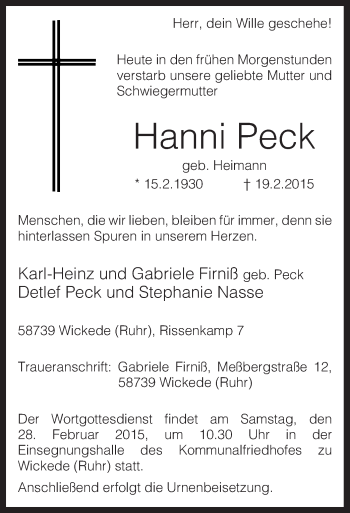Traueranzeige von Hanni Peck von MZV