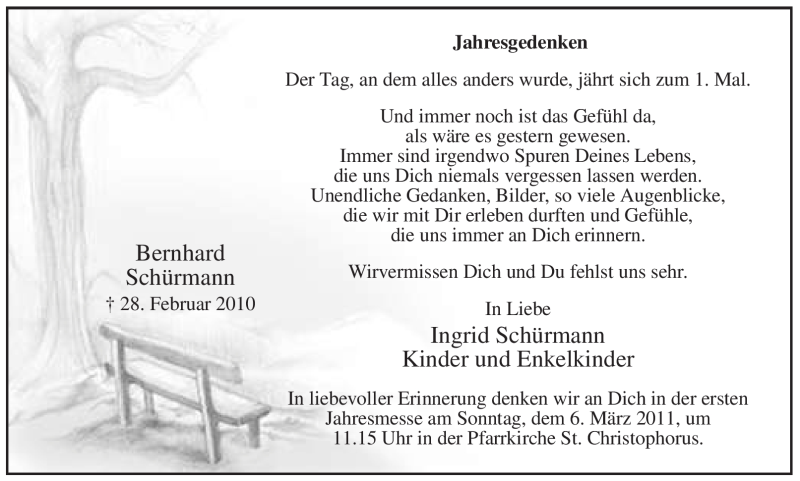  Traueranzeige für Bernhard Schürmann vom 26.02.2011 aus WESTFÄLISCHER ANZEIGER
