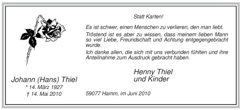  Traueranzeige für Hans Thiel vom 19.06.2010 aus WESTFÄLISCHER ANZEIGER
