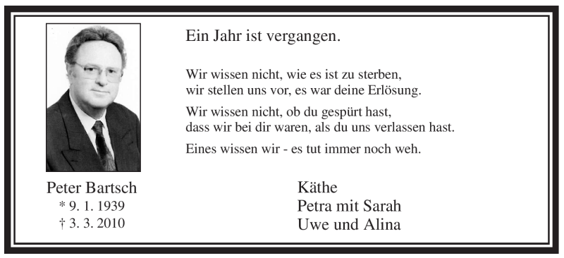  Traueranzeige für Peter Bartsch vom 03.03.2011 aus WESTFÄLISCHER ANZEIGER