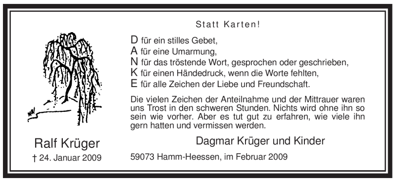  Traueranzeige für Ralf Krüger vom 21.02.2009 aus WESTFÄLISCHER ANZEIGER