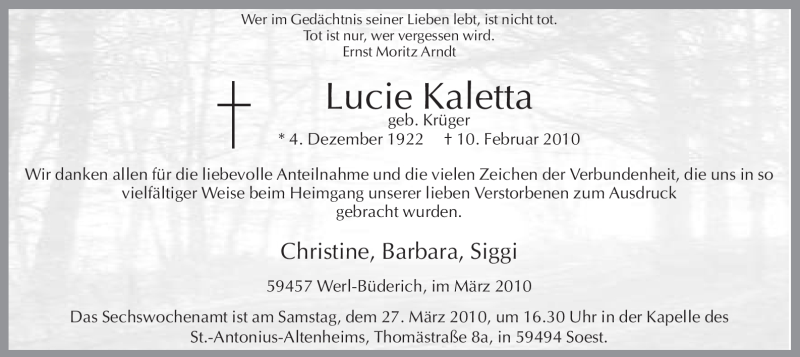  Traueranzeige für Lucie Kaletta vom 24.03.2010 aus WESTFÄLISCHER ANZEIGER