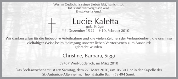 Traueranzeige von Lucie Kaletta von WESTFÄLISCHER ANZEIGER