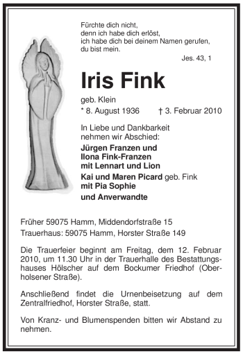 Traueranzeige von Iris Fink von WESTFÄLISCHER ANZEIGER
