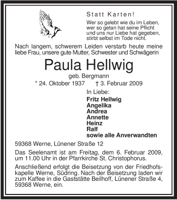 Traueranzeige von Paula Hellwig von WESTFÄLISCHER ANZEIGER