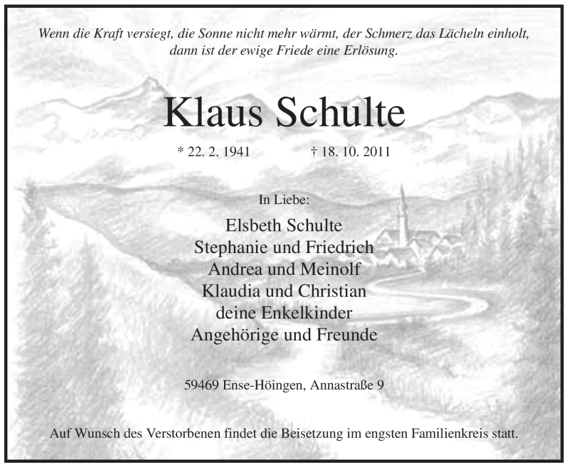 Traueranzeige für Klaus Schulte vom 21.10.2011 aus WESTFÄLISCHER ANZEIGER